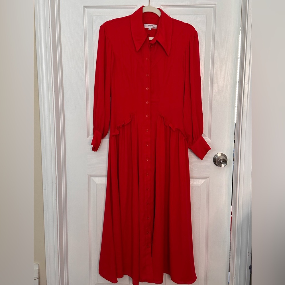 Saunders Collective/ Saunders x RTR  Flowing Button Front Long Sleeve Red Dress